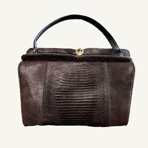 Vintage 1950s Brown Lizard Skin Handbag Art Deco Top Handle Gold Clasp
